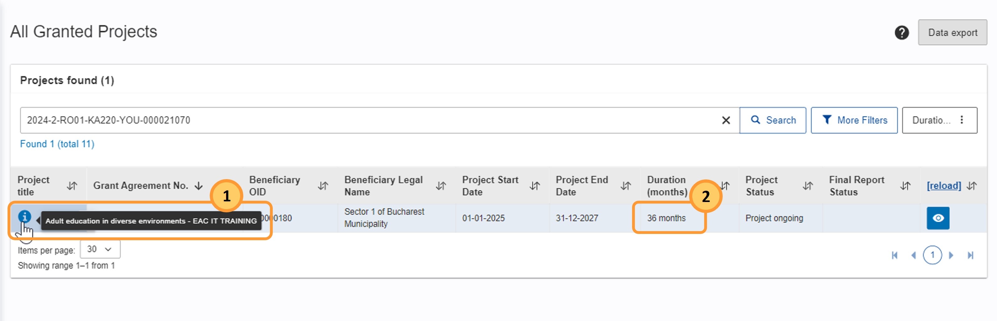Header of project, project title and duration should change