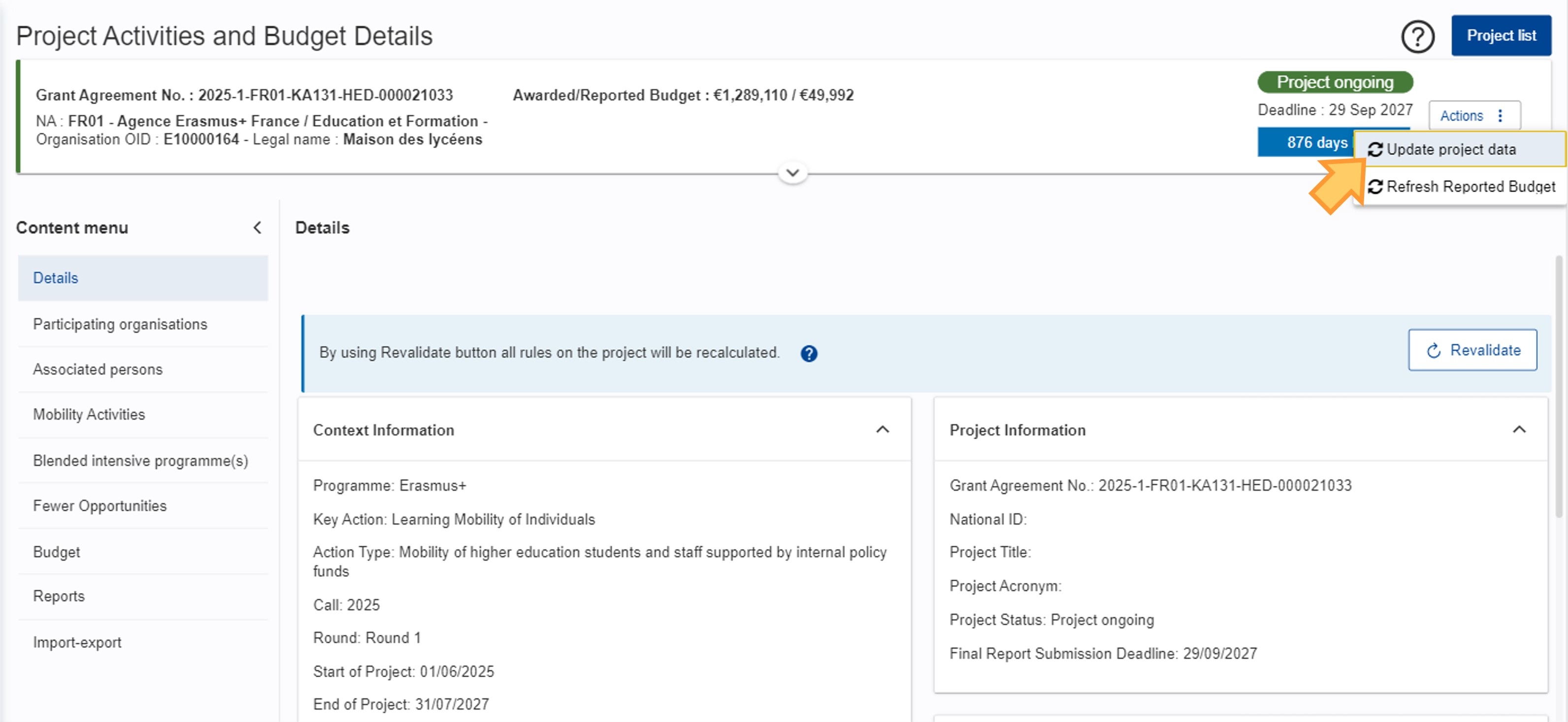 Click on Update project data